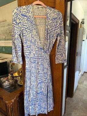 Blue and White Patterned Wrap Dress
